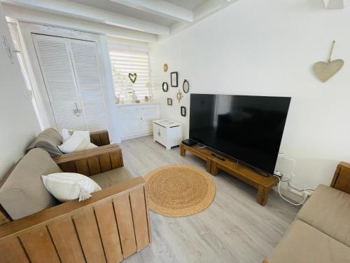 a living room with a large flat screen tv at Blue Lagoon, cottage les pieds dans l eau in Terre-de-Haut
