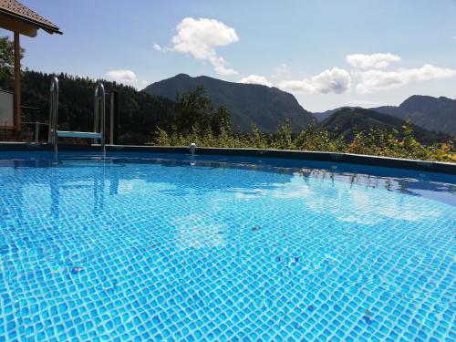 a large blue swimming pool with mountains in the background at Ferienhaus Oberschindlberg in Lunz am See