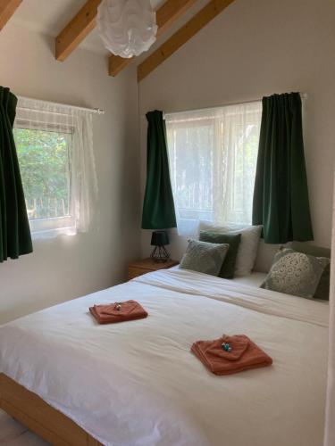 ein Schlafzimmer mit einem Bett mit zwei Handtüchern darauf in der Unterkunft Nuver Plekkie in Yde