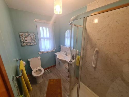 a bathroom with a shower and a toilet and a sink at Beautiful Peebles Bungalow in Peebles