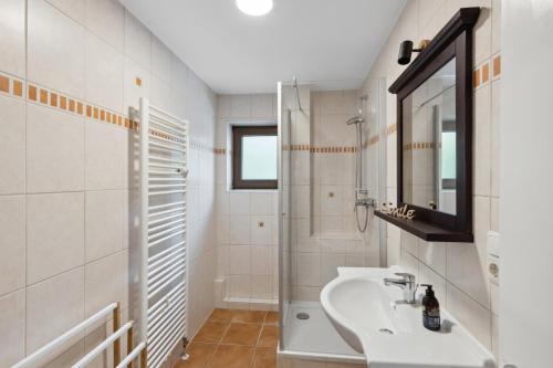 ein Bad mit einem Waschbecken, einer Dusche und einem Spiegel in der Unterkunft Charysma - Chillout-Loft, Wintergarten, E-Kamin, Massage-Sessel, Parkplätze in Hameln