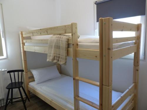 a bunk bed in a small room with a ladder at Bernsteinreiter Erlebnishof Barth, Blockhütte 20 in Barth