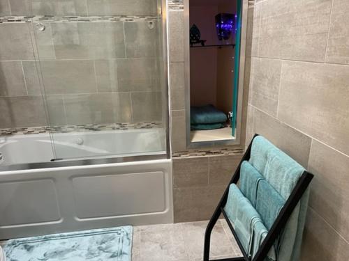 a bathroom with a shower and a tub and a mirror at Uber Close to Ohio City, Cleveland (Lower) in Cleveland