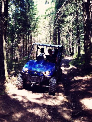 two people riding in a blue atv in the woods at Willa Anna in Kościelisko