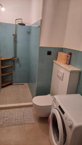 ein Badezimmer mit einem WC und einer Dusche mit einer Waschmaschine in der Unterkunft Sea & Relax in Selca