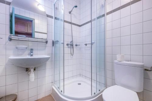 łazienka z prysznicem, toaletą i umywalką w obiekcie Zsóry Liget Vendégház w Mezőkövesd