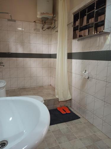 a bathroom with a white toilet and a shower at Aivilo Home in Kampala