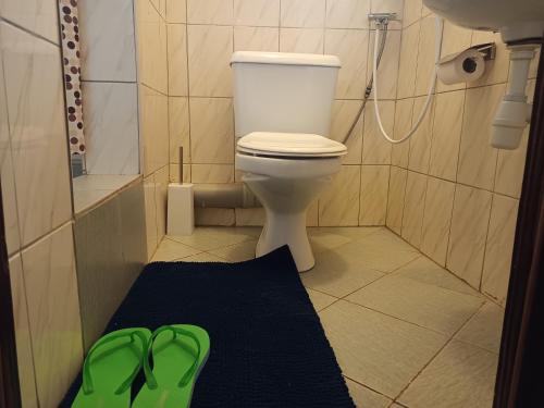 a bathroom with a toilet and a green shoe on a rug at Aivilo Home in Kampala