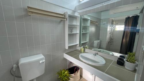 een badkamer met een wastafel en een spiegel bij Le coquillage in Trou aux Biches