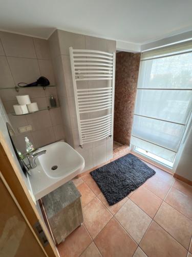 een badkamer met een witte wastafel en een raam bij Schillers Terrassen Fewo in Cottbus