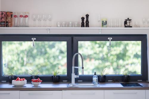 a kitchen counter with two windows and a sink at Revalia Vintse Villas 