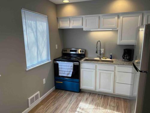 uma cozinha com um fogão e um lavatório em Carter #1 Two bedroom unit near Xavier Downtown em Cincinnati