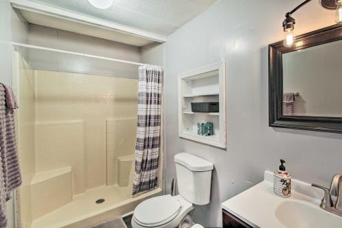 a bathroom with a shower and a toilet and a sink at 2 Mi to Rainbow Lake Woodsy Retreat with Deck! in Pinetop-Lakeside