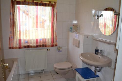 La petite salle de bains est pourvue de toilettes et d'un lavabo. dans l'établissement Ferienwohnung Rieth, à Dürbheim