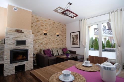 a living room with a couch and a fireplace at Apartament Blue eye in Żarnowska