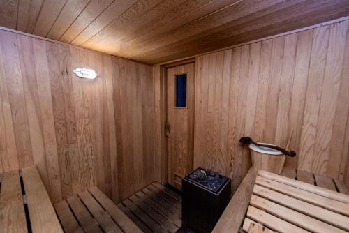 an inside view of a wooden room with a sauna at Hotel Bys Palermo in Buenos Aires