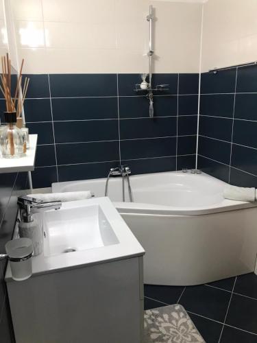 a bathroom with a bath tub and a sink at CASA DON lângă Iulius Mall in Timişoara