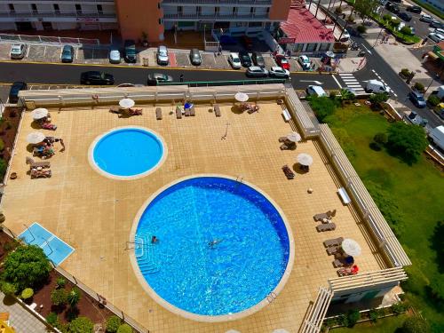 an overhead view of a large swimming pool with chairs and umbrellas at Copacabana ocean view apartament in Playa Fañabe