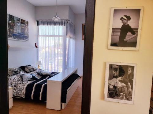 a bedroom with a bed and pictures on the wall at Apartament Nina in Skoczów