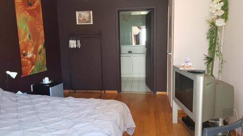 1 dormitorio con 1 cama y TV. en Bruges Grande Place Guesthouse, en Brujas