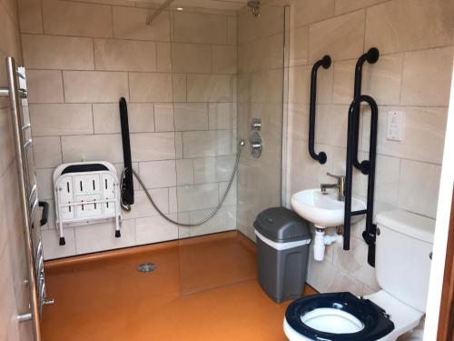 a bathroom with a shower and a toilet and a sink at Starlight Glamping 