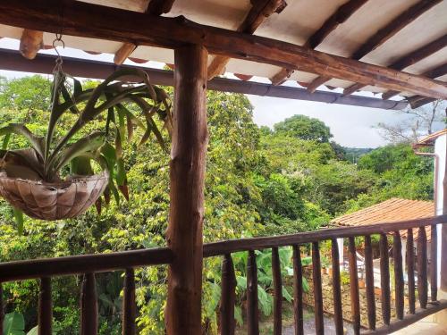 a balcony with a plant in a basket at Casona CHARA in Barichara
