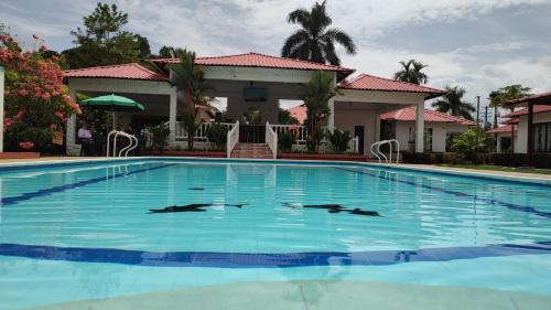 a swimming pool with three dolphins in the water at Cabañas LLano Lindo Apiay in Villavicencio