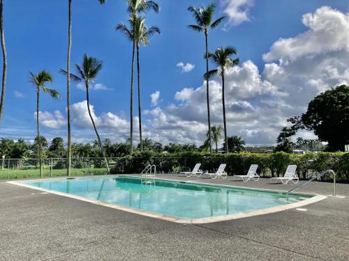 uma piscina com cadeiras e palmeiras em Stunning Views Best location in Hilo 2BR modern Condo em Hilo