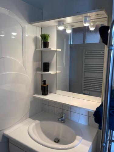 Baño blanco con lavabo y espejo en Studio COSY avec parking et wifi gratuit, en Bagnoles de l'Orne
