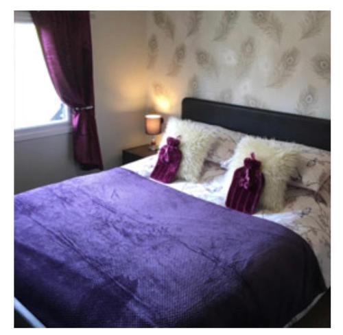 a bedroom with a bed with a purple blanket and a window at Peregrine Lodge - idillic Cornwall retreat in Liskeard