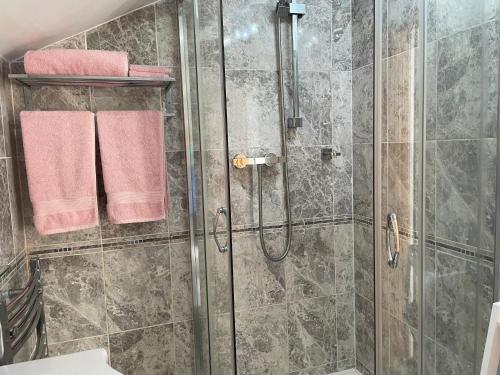 a bathroom with a glass shower with pink towels at Meadowside Lodge with Hot Tub in Truro
