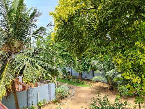 een achtertuin met bomen en een hek en een tuin bij Nalluran illam - 2 bed room in Jaffna