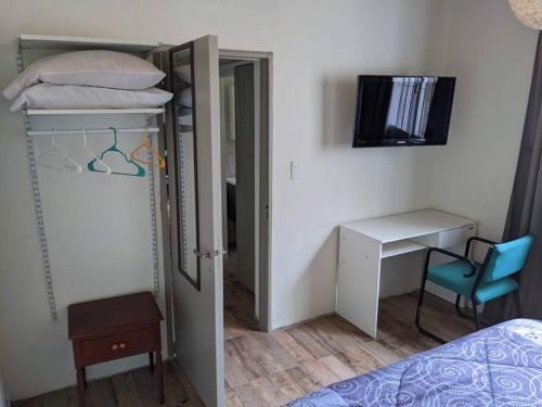 1 dormitorio con cama, escritorio y espejo en Don Trujo 2 - parque y pileta en Mendoza
