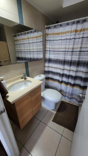 uma casa de banho com um lavatório, um WC e uma cortina de chuveiro. em San Diego em Santiago