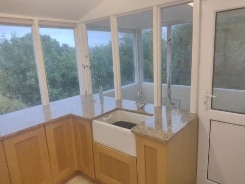 a kitchen with a sink and some windows at Headson Farmhouse in Bratton Clovelly