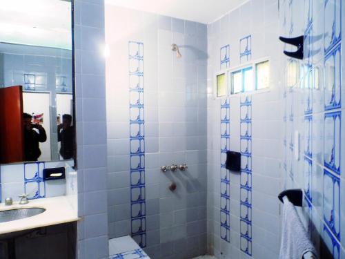 a bathroom with a shower with blue and white tiles at LA BIANCA in San Salvador de Jujuy
