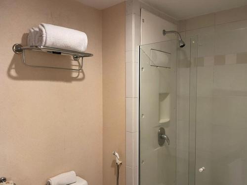 uma casa de banho com uma cabina de duche e um WC. em Ibirapuera hotel 5 estrelas 2 suites em São Paulo