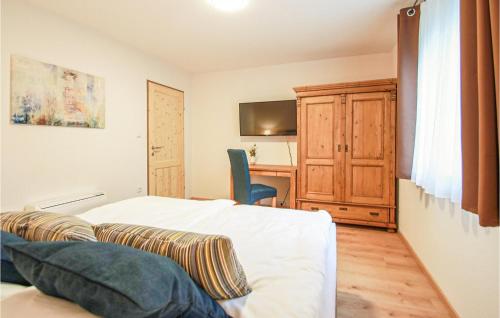 a bedroom with a bed and a desk with a television at Ferienhaus Im Suedburgenland in Eisenberg an der Pinka