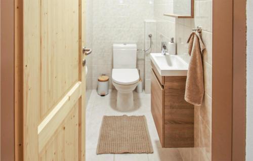 uma casa de banho com um WC branco e um lavatório. em Ferienhaus Im Suedburgenland em Eisenberg an der Pinka