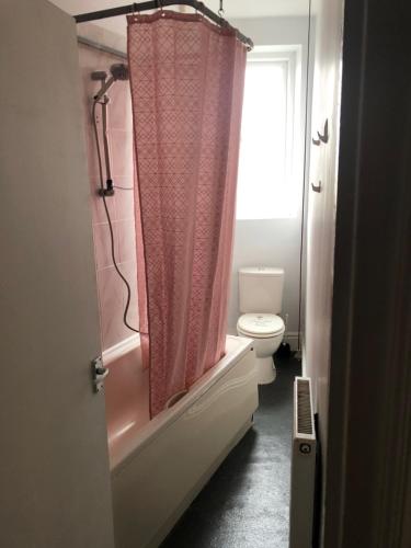 a bathroom with a pink shower curtain and a toilet at 6 Bedroom Villa in Barnsley Centre in Barnsley