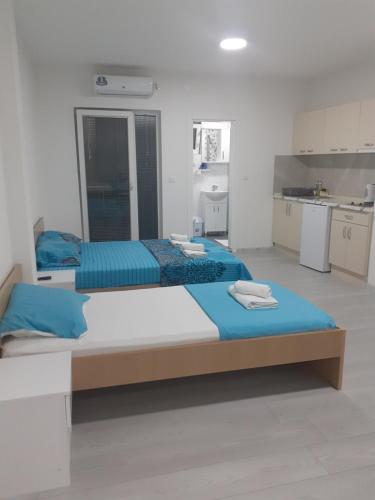 1 Schlafzimmer mit 2 Betten und einer Küche in der Unterkunft Villa Sofijana in Ohrid