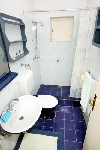 a blue and white bathroom with a sink and a shower at Apartment Sucuraj 4029e in Sućuraj