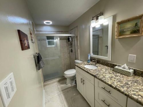 a bathroom with a toilet and a sink and a shower at Heated Pool Paradise, Gulf Access, Pet Friendly in Port Charlotte