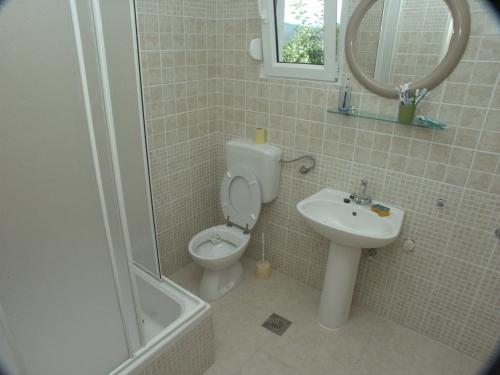 a bathroom with a toilet and a sink and a shower at Apartments by the sea Zatoglav, Rogoznica - 2094 in Podglavica