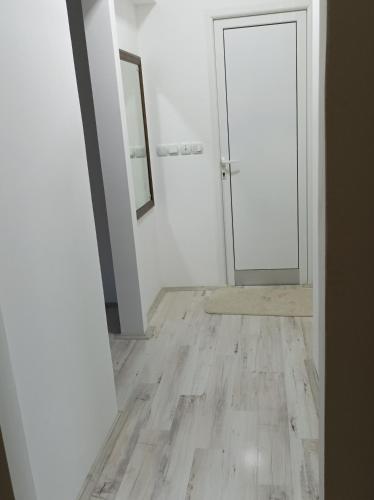 a hallway with a mirror and a white door at Ceca Apartment in Gevgelija