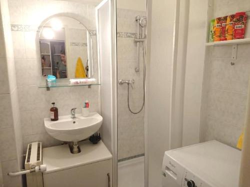 y baño blanco con lavabo y ducha. en Cozy studio in the heart of old Prague near the Charles Bridge en Praga