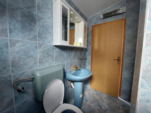 ein Badezimmer mit einem blauen WC und einem Waschbecken in der Unterkunft Apartments by the sea Rastici, Ciovo - 4293 in Trogir