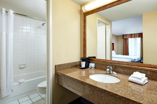 a bathroom with a sink and a toilet and a mirror at La Quinta by Wyndham Thousand Oaks-Newbury Park in Thousand Oaks