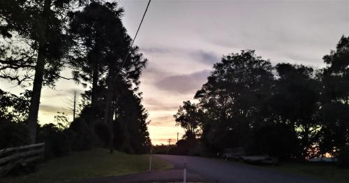 a road with trees and a sunset in the background at "On Burgum Pond" Cottages in Maleny