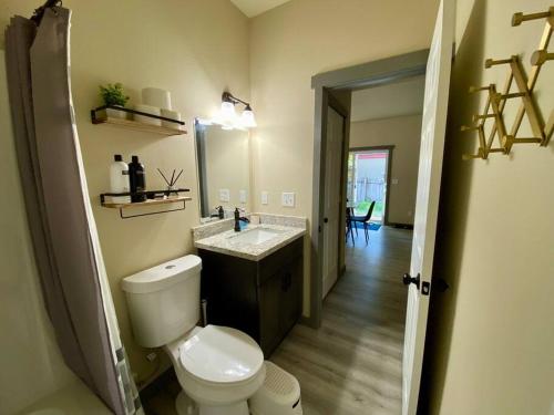 a bathroom with a toilet and a sink and a mirror at NEW Modern Cabin! 5mi to Mt Rainier National Park! Hot Tub & Wifi in Ashford